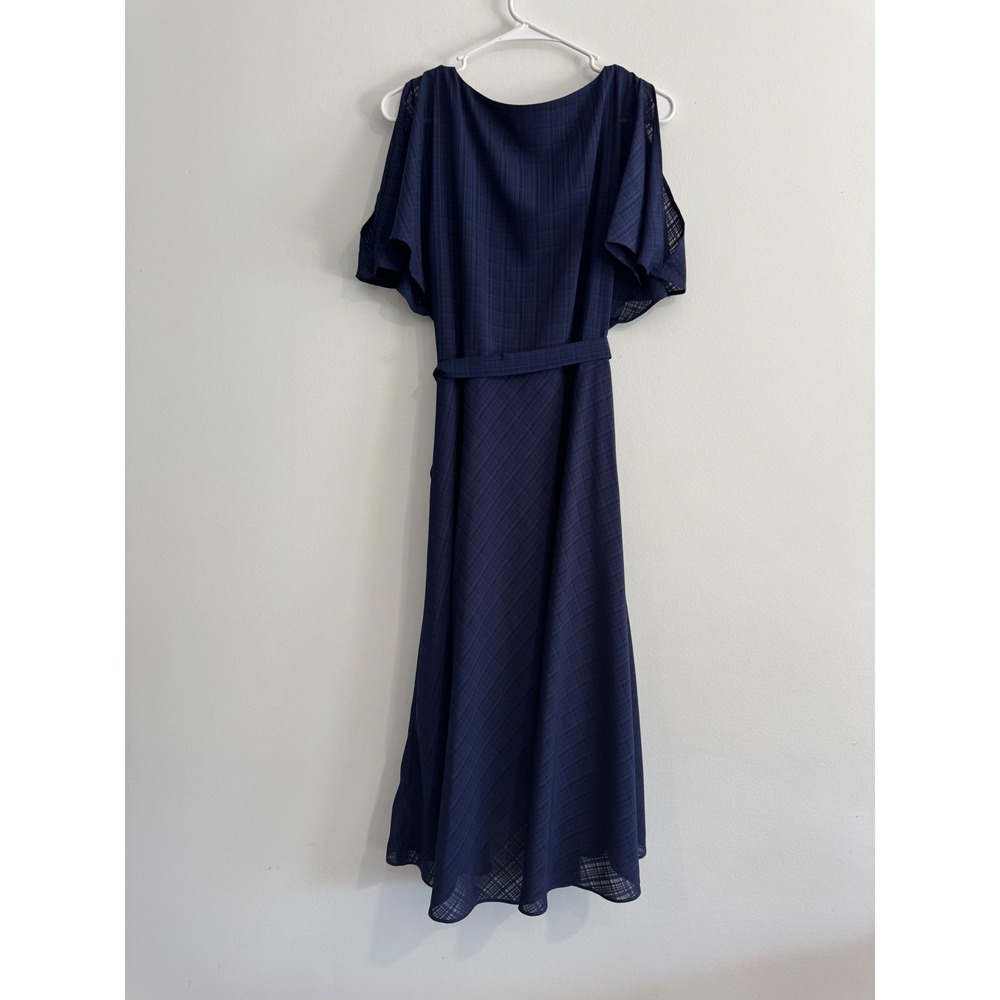 Anne Klein Split Flutter Sleeve Midi Dress Women 8 Navy Plaid Tie Waist